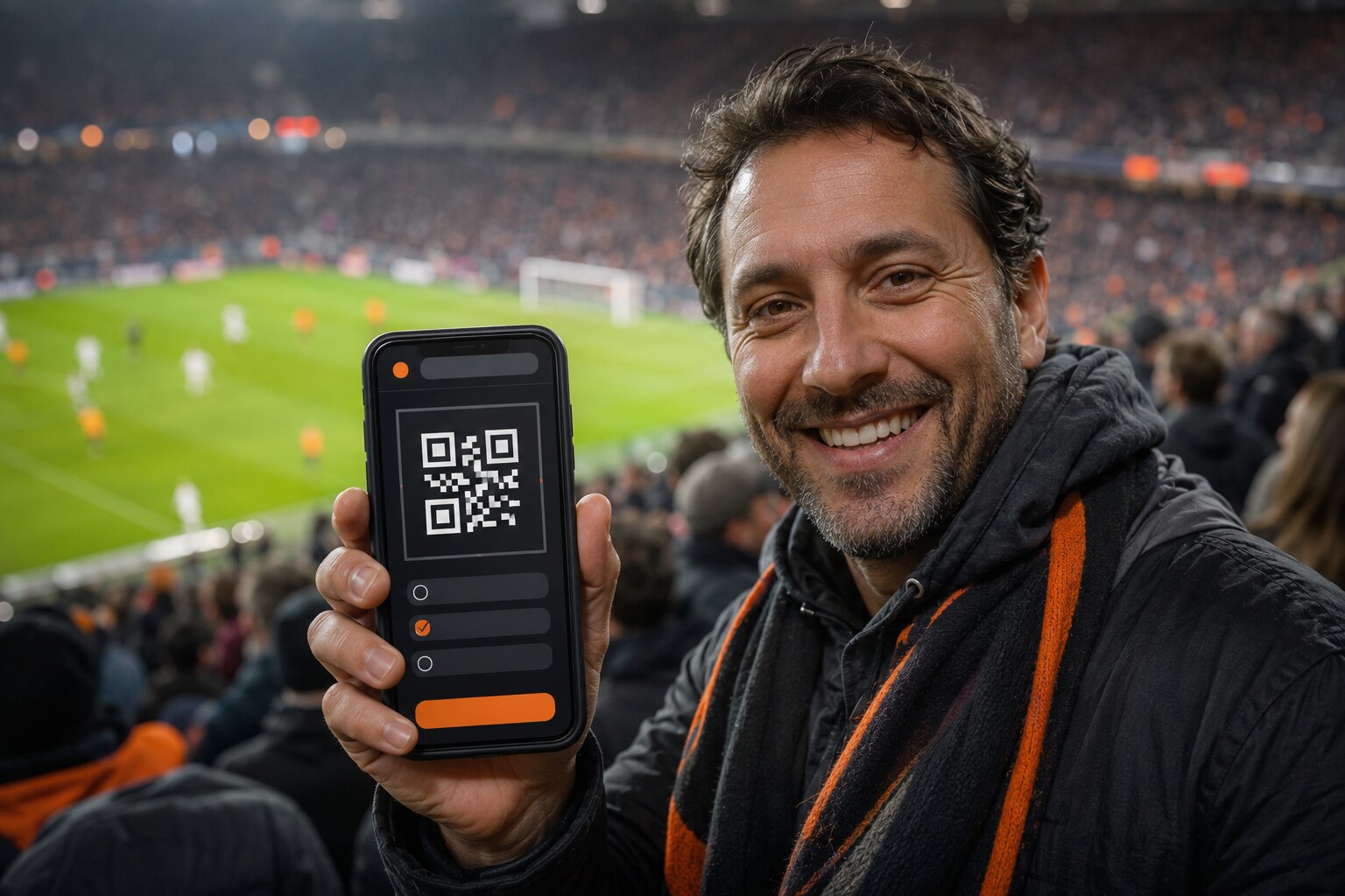 Aficionado participando en una votación deportiva mediante smartphone y código QR